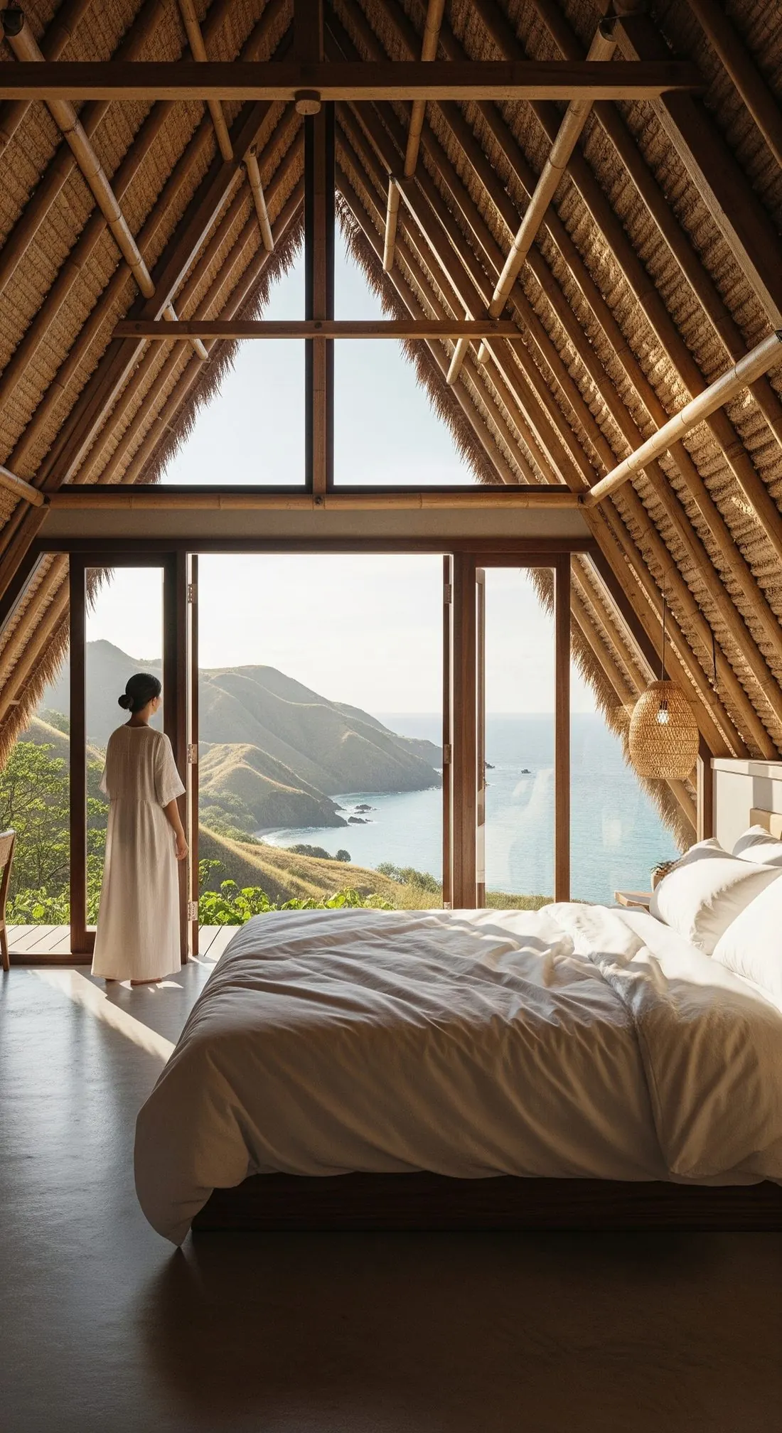 Interior Muruhumba Villa dengan atap alang-alang dan jendela menghadap laut Sumba, desain Casaruma