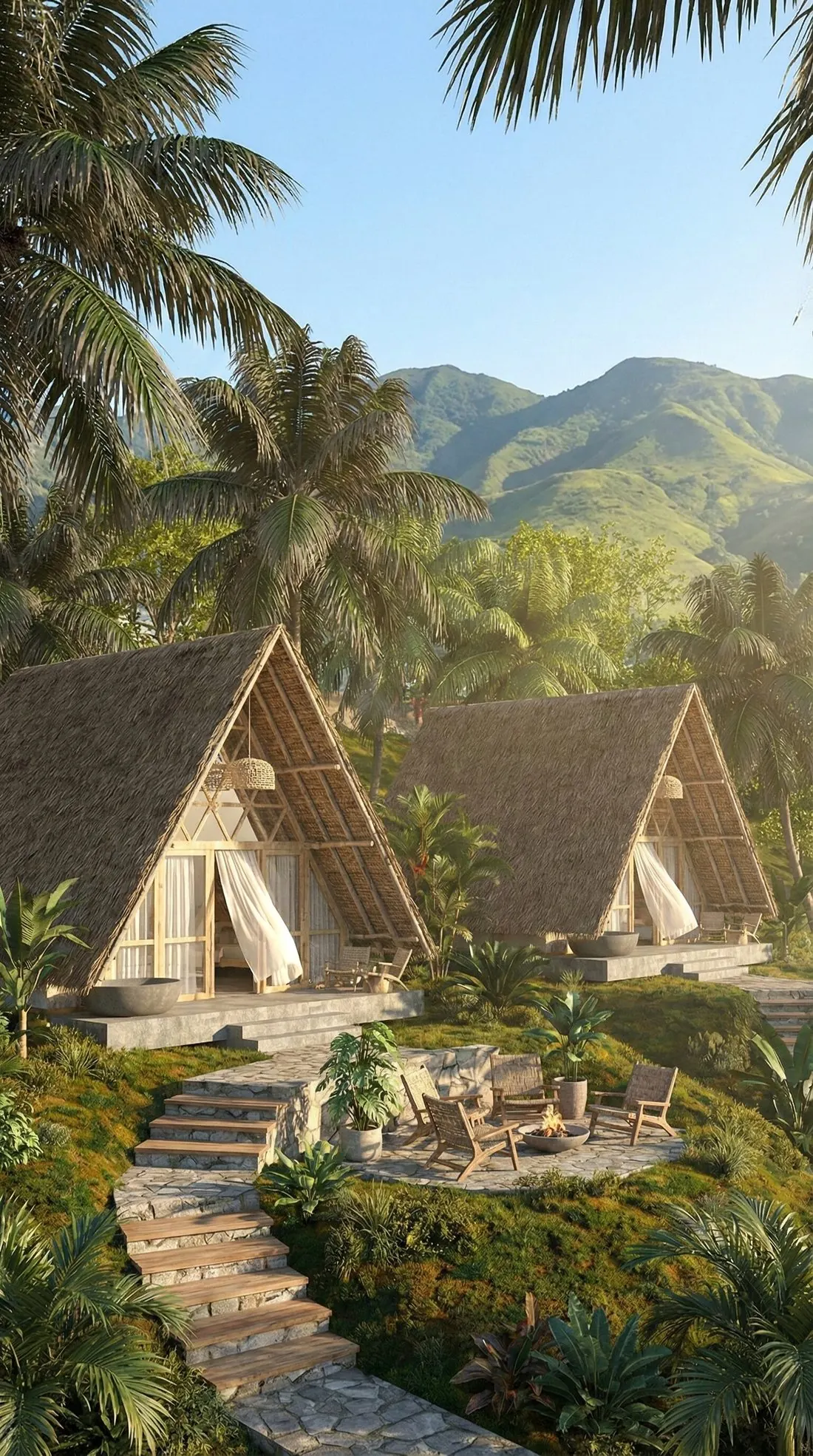Eksterior Muruhumba Villa: dua unit A-frame beratap alang-alang di lereng berundak
